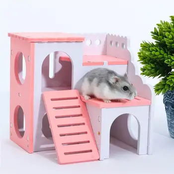 

Wood Hamster Hideout Villa Double Layer Hamster Climbing Toy Small Pet Hideout Cage for Hamster Guinea Pig Rats