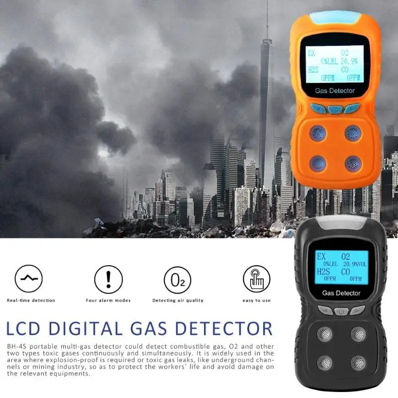 

LCD 4 in 1 Gas Detector USB Rechargeable Digital CO O2 H2S Oxygen Monitor Flammable Harmful Concentration Gas Analyzer Meter