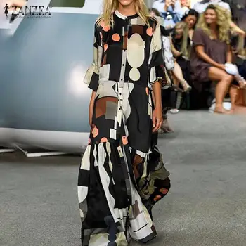 

ZANZEA Summer Elegant Flare Sleeve Maxi Long Dress Women Bohemian Printed Party Sundress Casual Lace Up Ruffles Vestido Kaftan