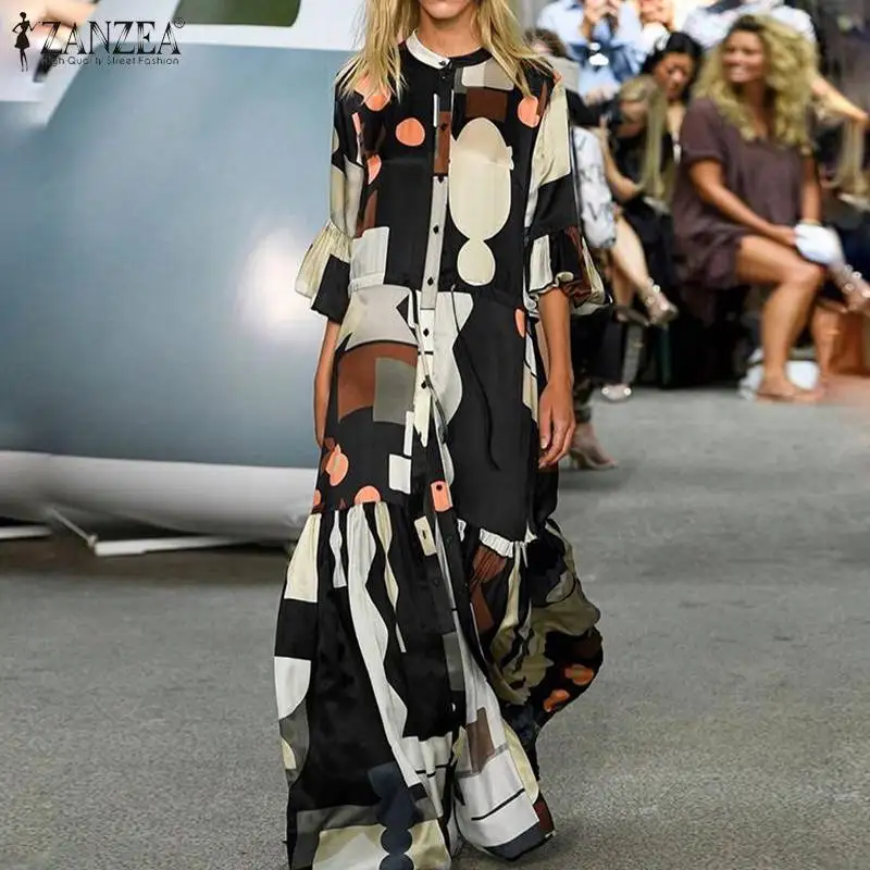 ZANZEA Summer Elegant Flare Sleeve Maxi Long Dress Women Bohemian Printed Party Sundress Casual Lace Up Ruffles Vestido Kaftan ZANZEA Summer Elegant Flare Sleeve Maxi Long Dress Women Bohemian Printed Party Sundress Casual Lace Up Ruffles Vestido Kaftan