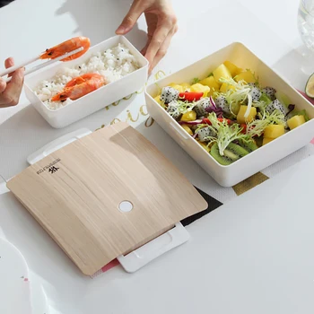 

Lunch Box Cover Portable Food Container Picnic Office Leakproof Compartment School Lunch Box with Wooden