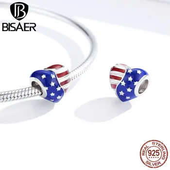 

BISAER Charms 925 Sterling Silver American Flag USA Heart Star Bead Pendant Fit DIY Pan Bracelets For Women Jewelry Gift GAC281