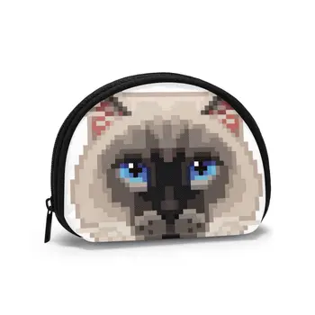 

Pixel Siamese Cat Face Classic Style Wallet Genuine Wallets Short Purse Card Holder Wallet Woman Fashion High Quality