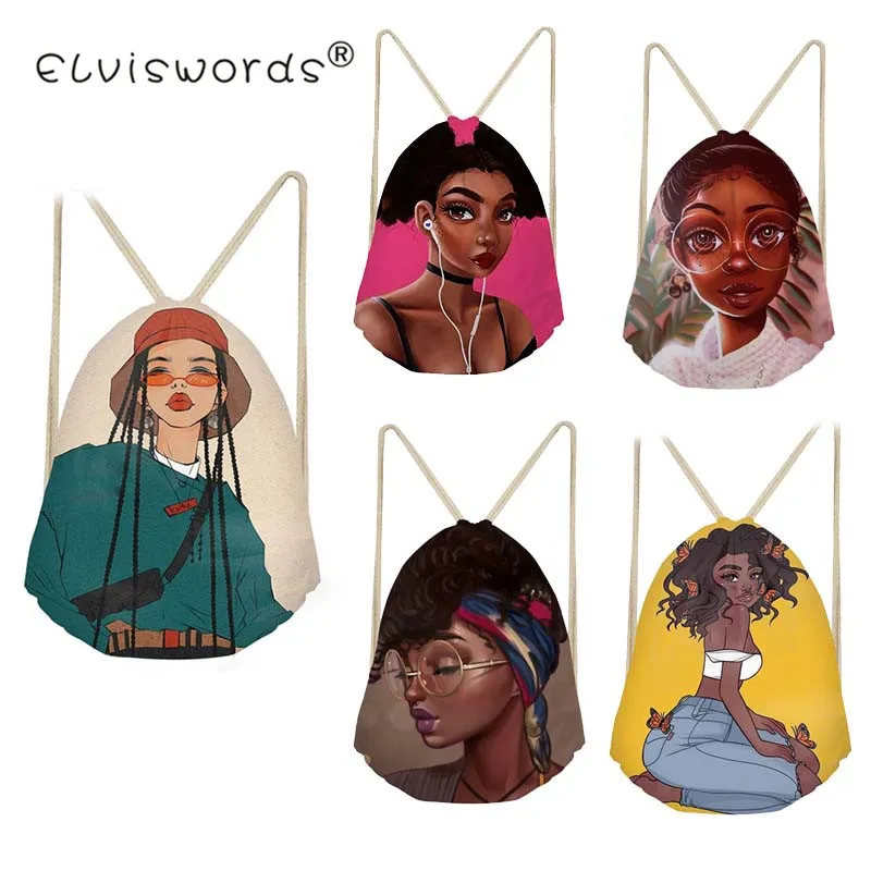 

ELVISWORDS Afro Girls Prints Kids Backpack Women Travel Bag Teenager Drawstring Bags Lady Female Head Rucksack Storage bags