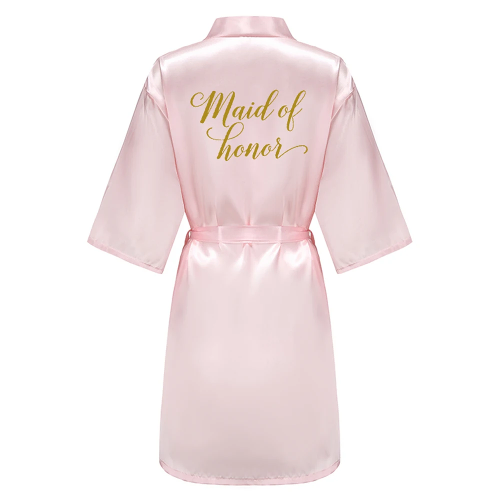 Wedding Party Bridesmaid Maid of Honor Robe With Gold Writing Letter Women Lady Pink Satin Bathrobe Kimono S-4XL