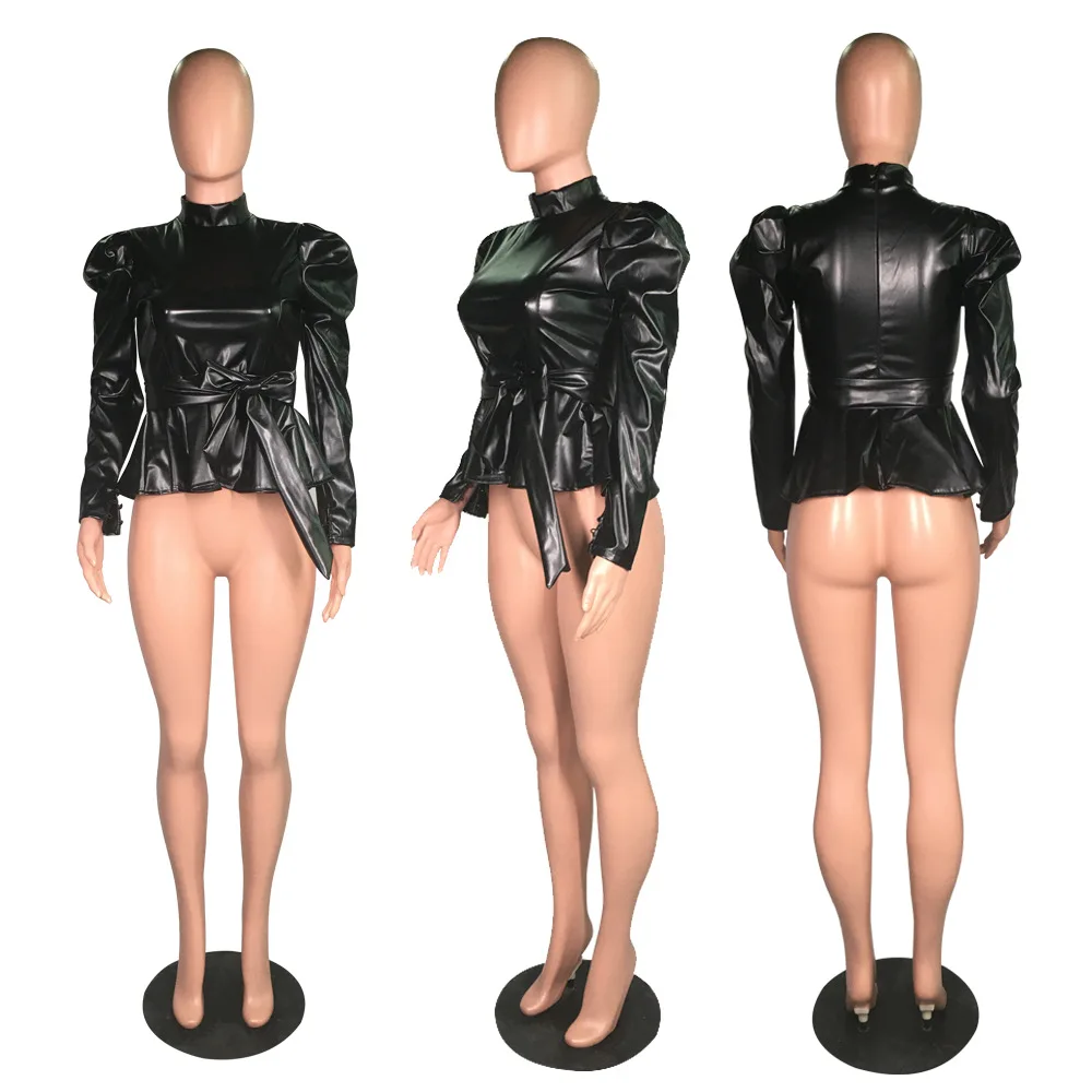 Adogirl Solid PU Leather Peplum Top 2019 Autumn Winter Turtleneck Long Puff Sleeve Fashion Casual Shirt with Belt Female Outfits Adogirl Solid PU Leather Peplum Top 2019 Autumn Winter Turtleneck Long Puff Sleeve Fashion Casual Shirt with Belt Female Outfits