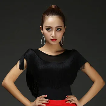 

New Adult Latin Dance Tops Female Short Sleeve Lady Dancing Practice Shirt Sexy Women Ballroom Cha Cha Samba Tassel Dancewear