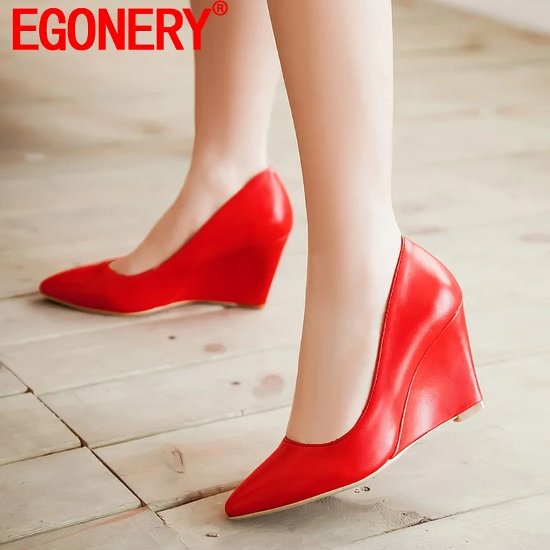 EGONERY Elegant Pumps Office Pointed Toe Wedges Woman Spring Summer Platform High Heels PU Women Wedding Shoes Plus Size 33-43CN