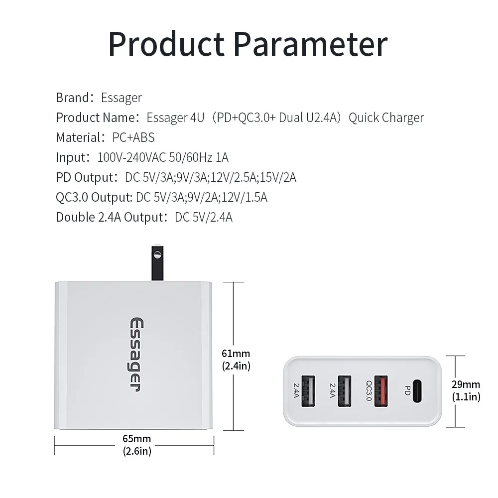 Универсальное USB зарядное устройство Essager 48 Вт, быстрая зарядка 3,0 QC3.0 QC PD type C, быстрое зарядное устройство для мобильных телефонов iPhone, Xiaomi, samsung
