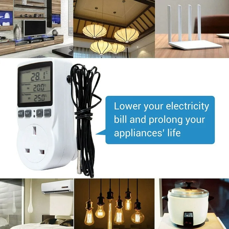 

220V AC 16A Timer Switch Digital Plug In Thermostat Electric Temperature Controller Sensor Socket Timer UK Timer Socket