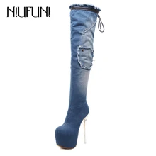 NIUFUNI/женские джинсовые ботфорты выше колена; пикантные сапоги до бедра на высоком тонком каблуке и платформе, украшенные кристаллами; женская зимняя обувь; теплые сапоги; Botas