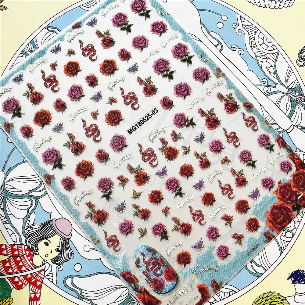 

MG180525-03 MG180525-08 Little snake in the sea of roses 3D Back glue Nail Art Stickers Decals Sliders Nail ornament decoration