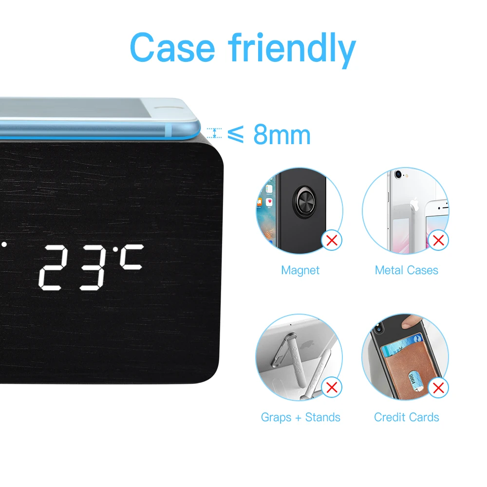 FiBiSonic деревянный светодиодный цифровой Настольный будильник с Qi беспроводной зарядной панелью, совместимой с Iphone samsung