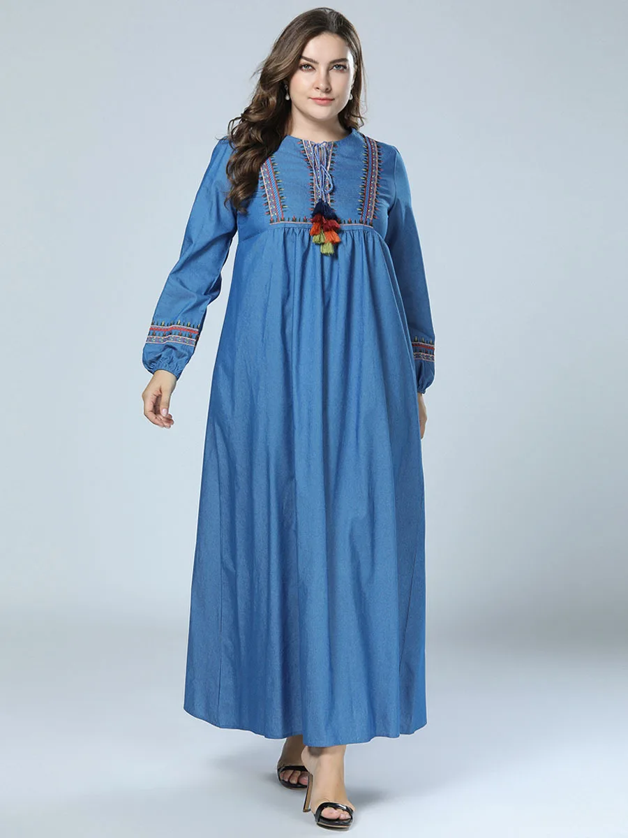Синий Марокканский кафтан Корейская версия простого abaya для женщин вышивка свободные большие размеры женское платье мусульманские халаты - Цвет: Синий
