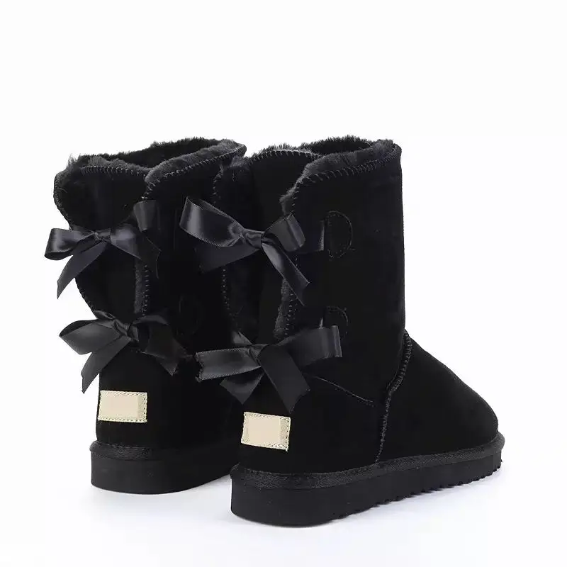 Новые Брендовые женские зимние ботинки в австралийском стиле с бантом; обувь из натуральной овечьей кожи на меху и зимняя женская теплая водонепроницаемая обувь - Color: black