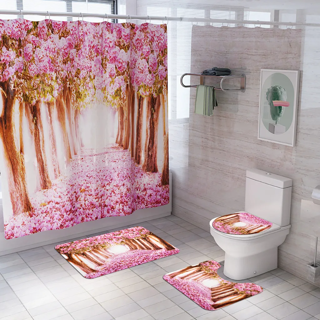 Водонепроницаемая занавеска для душа с цветочным рисунком, водонепроницаемая полиэфирная ткань, занавеска для ванной комнаты, нескользящая подкладка из полиэстера для туалета@ D