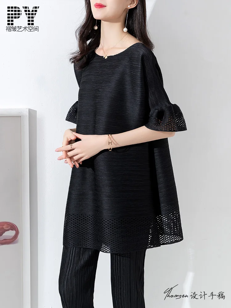 

Fold Women's dress Issey style 2019 New pattern Easy Big code Women's wear Hollowing out Sense of design pagoda sleeve skirt