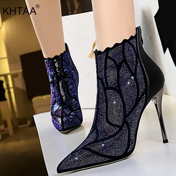 

Women's Sexy Bling Mesh Ankle Boots High Thin Heels Pointed Toe Elegant Ladies 2020 New Autumn Fashion Shoes Female