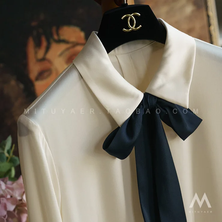 Apricot Chiffon Ladies Blouse Contrast Bow Tie