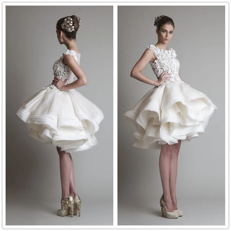 

Custom made Arabic Style Boat Neckline Applique/Flowers Tiered Short Wedding Dresses 2016 Bridal Gowns Vestido De Noiva