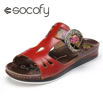 

SOCOFY Women Retro Style Cow Leather Sandals Floral Stitching Buckle Flat Flip Flops Sandals Casual Outdoor Summer Shoes 2020