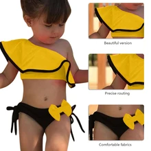 Летний детский купальник с оборками и бантом; праздничный костюм в пляжном стиле; купальный костюм; комплект бикини для маленьких девочек; купальный костюм из двух предметов; комплект одежды