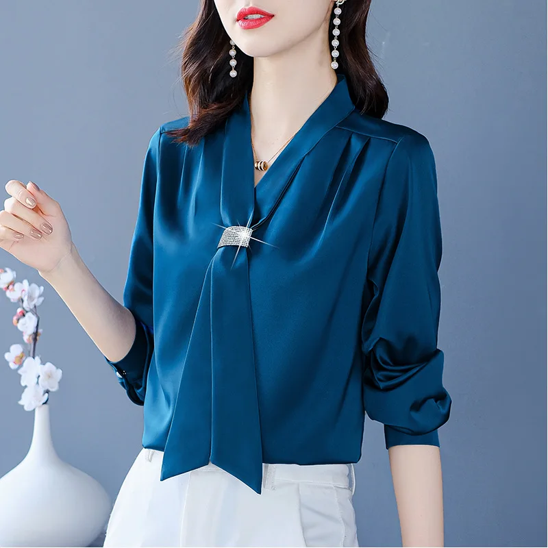 Ladies Satin Top Women Long Sleeve 2021 New Fashion Silk Shirt V-neck Wine  Red Western Style Shirt Clothing - AliExpress