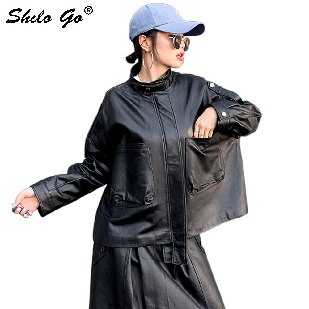 Genuine Leather Coat Black Button Mock Neck Zip Plus Size Jacket Coats Women Autumn Casual Batwing Sleeve Pocket A Line Outwear