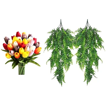 

30Pcs Multicolored 14 Inch Silk Artificial Tulips Flowers & 2Pcs Artificial Plant Ivy Decoration Plastic Wreath