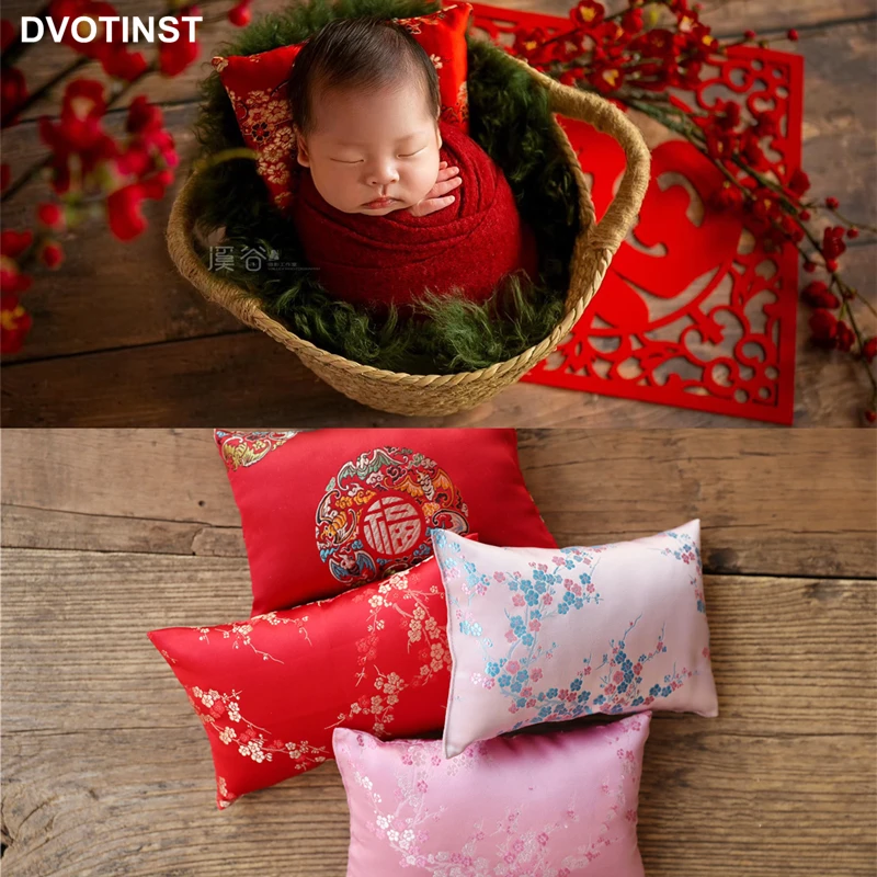 Dvotinst Newborn Baby Photography Props Chinese New Year Posing Pillow Satin China Vintage Pillow Accessories Studio Photo Props