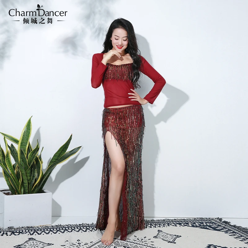 see chart Новые женские костюмы для танца живота, костюм с юбкой для танцев, одежда с блестками и кисточками для восточных танцев ZM277 - Цвет: see chart