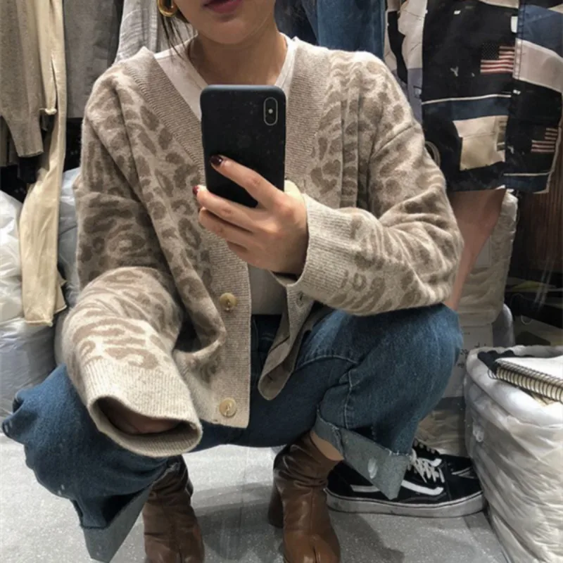 3 цвета осень и зима корейский стиль свободный леопардовый кардиган свитер