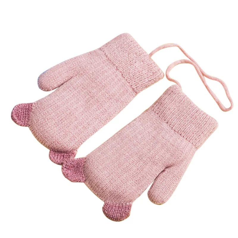 Осенне-зимние детские вязаные флисовые Утепленные перчатки с ушками, милые одноцветные уличные теплые варежки на палец с завязками на шее