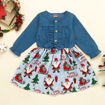 

2020 Spring Autumn Baby Newborn Girl Clothes Cotton Children's Sets Christmas Denim Tops Print Dress For 6M 12M 18M 24M 2T 3T 4T