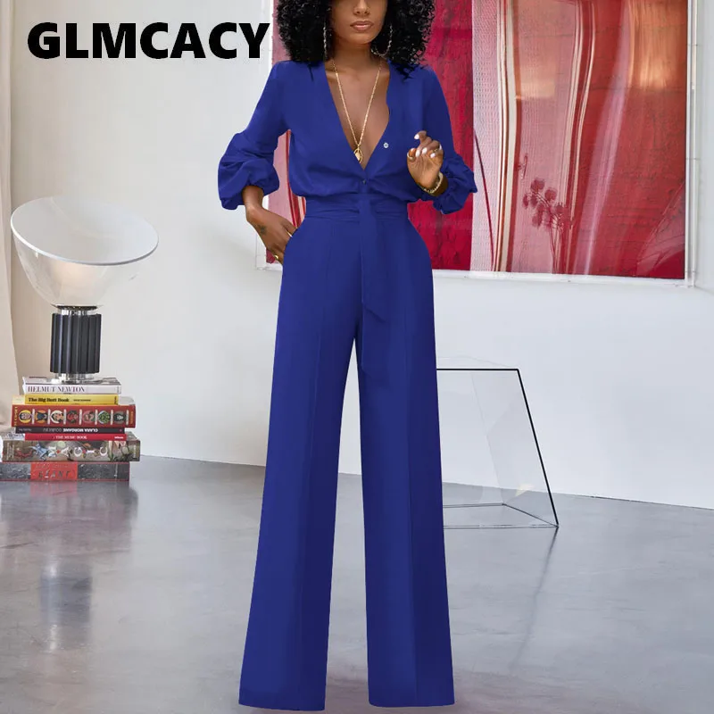 

Women Celebrity Runway Jumpsuit Sexy White Deep V-Neck Long Sleeve Sashes Regular Elegant Office Ladies Workwear