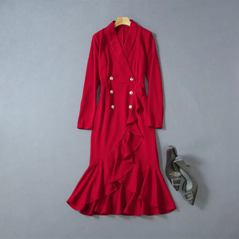 

Office Ladies Autumn Dress 2020 Fashion Fall Winter Full Sleeve Double Breasted Ruffles Elegant Red Long Dress Vestidos