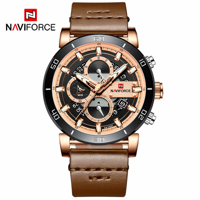 RoseGold Brown NAVIFORCE, модные роскошные часы, мужские брендовые водонепроницаемые наручные часы, кварцевые часы, мужские кожаные спортивные часы, мужские часы - Цвет: RoseGold Brown