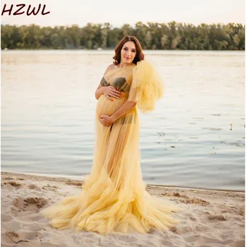 

Yellow See Thru Maternity Gowns Illusion Tulle Maternity Dress For Photoshoot Baby Shows Cheap One Shoulder Prom Dress