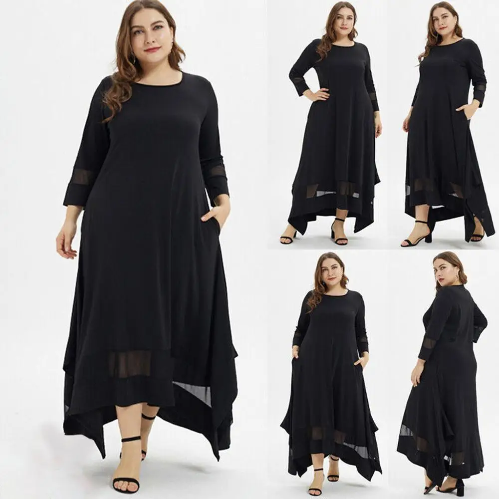 

Fashion Women Plus Size Solid O-Neck Three Quarter Sleeve Muslim Long Dress