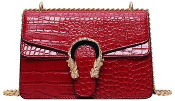 

QZUnique Elegant PU Handbag Flap Top Handle Crossbody Bag Alligator Pattern Evening Shoulder Bag Red