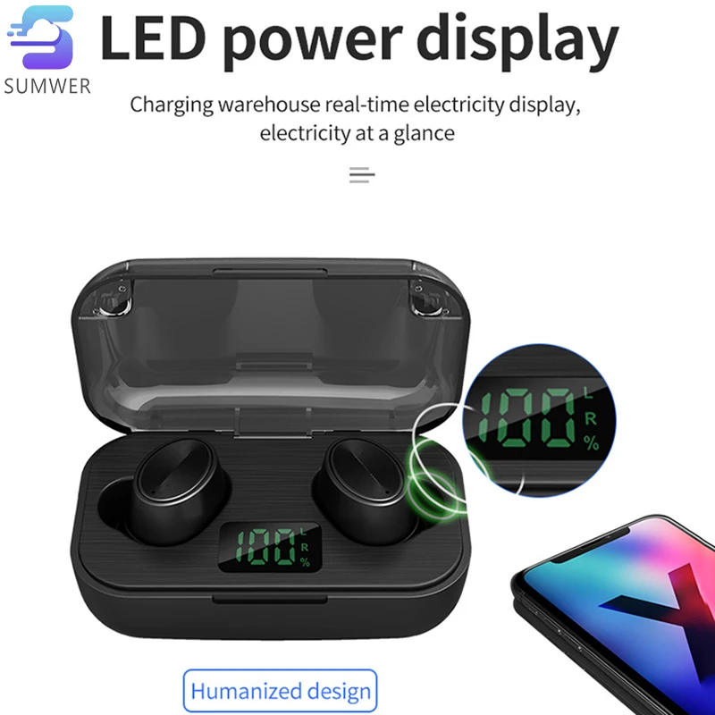F6 5 0Bluetooth headset 2000Mah in Earphones LED Power Display tws wireless Headphones Super Bass Stereo In ear handfree earbud