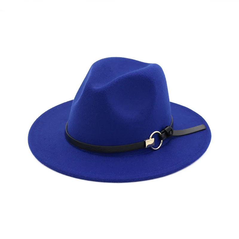 European Wide Brim Cowboy Felt Hat Panama Trilby Jazz Fedora Hats with Leather Buckle Plain Ribbon Woolen Chapeau for Women