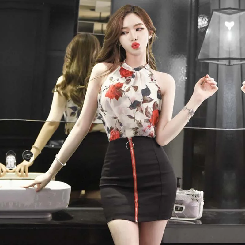 

Sexy Halter Chiffon Blouse Korean-style Elegant Printed off-Shoulder Sleeveless Shirt Sheath Skirt Two-Piece Set