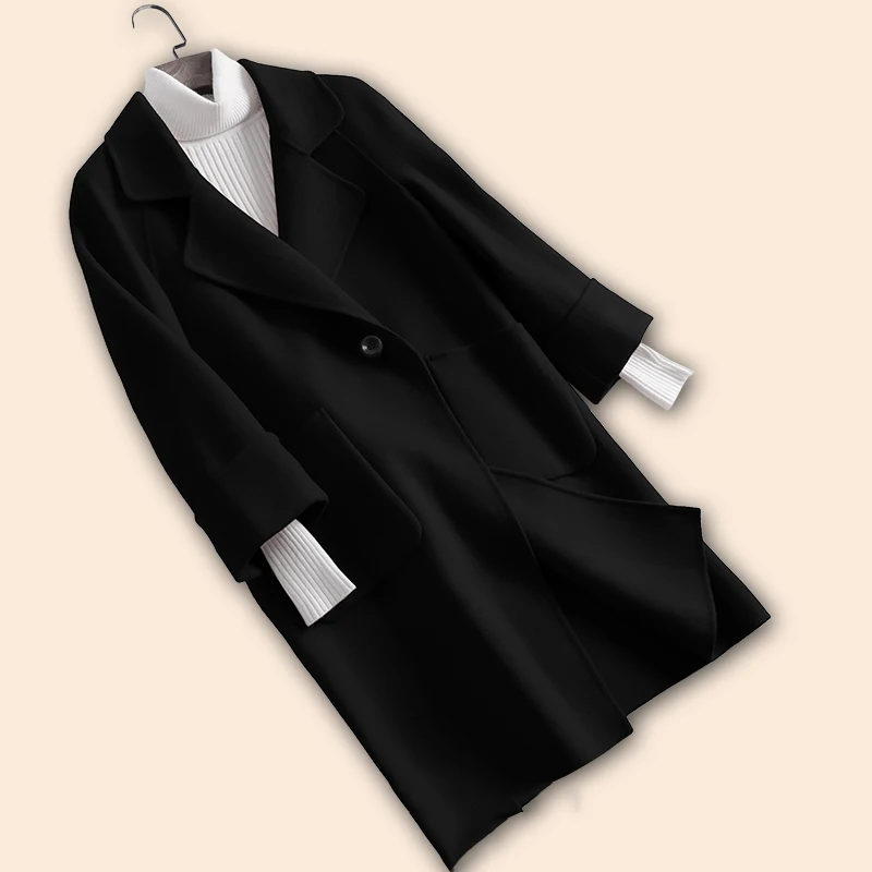 Хорошее качество, пальто, новинка года, стильное двухстороннее кашемировое пальто из шерсти альпака, бархатное пальто, длинное шерстяное пальто, зимняя осенняя куртка - Цвет: Black