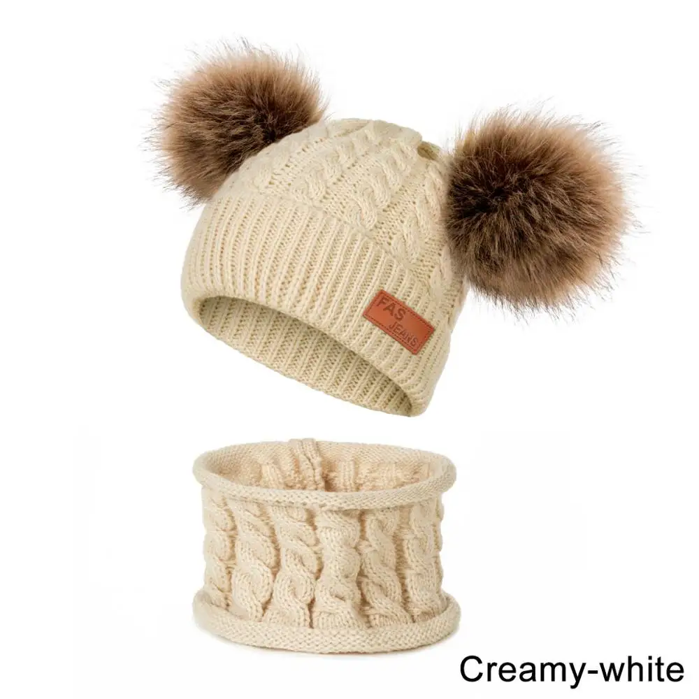 Детская зимняя шапка, шарф, милый комплект с помпонами для мальчиков и девочек, шапка с помпонами, детские вязаные шапочки Skullies, теплые шапки, шарфы - Цвет: beige4