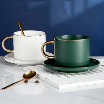 

European Ceramic Coffee Cup with Spoon Luxury Matte High Quality Modern Minimalist Home Tea Cups Taza Drinkware Kitchen DA60BYD