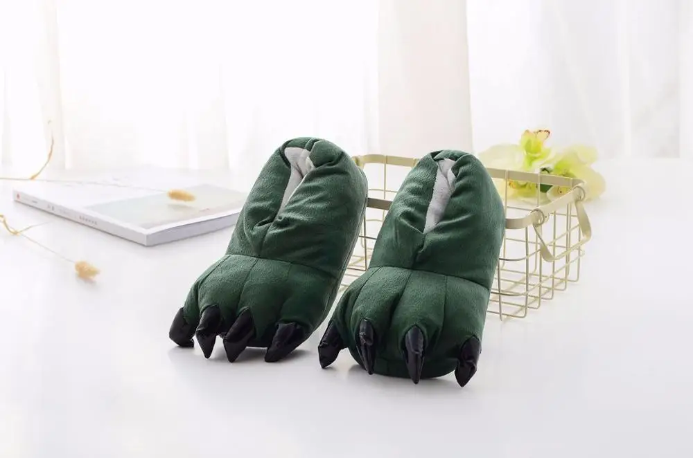 green shoes Тапочки Кигуруми для детей, взрослых, женщин, мужчин, девочек, мальчиков, животных, лап, единорог, динозавр, Пикачу, зимняя Пижама, обувь, лапа - Цвет: green shoes
