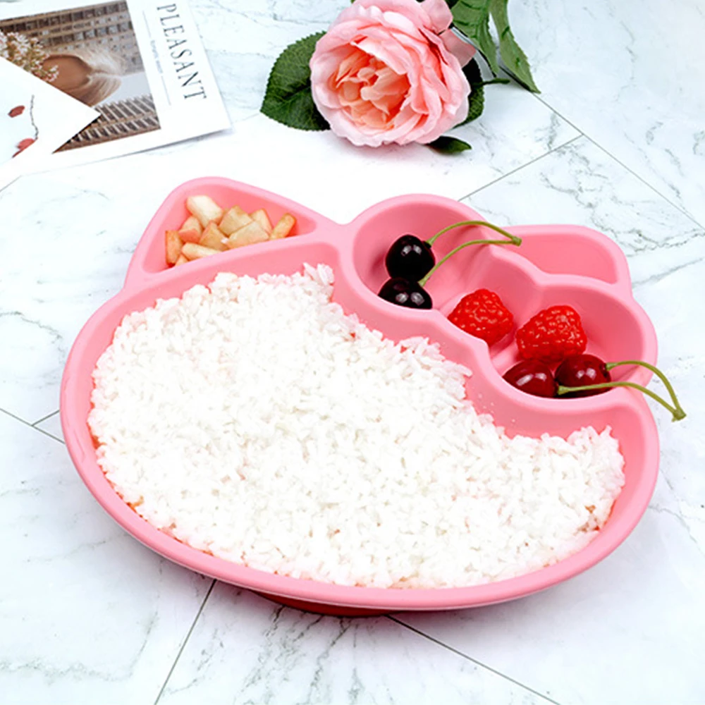 Детская посуда силиконовая в форме животного тарелка для кормления с мультяшным котом разделенный бант