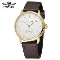T-WINNER Fashion simple casual men's and women's wrist watch white dial gold case dark brown leather strap mechanical watch 1