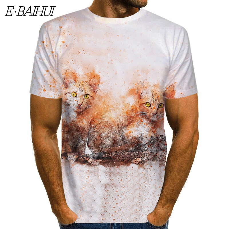 

E-BAIHUI Men's T-shirt Cute Cat Animal Series 3D Digital Printing Short-sleeved T-shirt Fashion Casual Summer Round Neck Top
